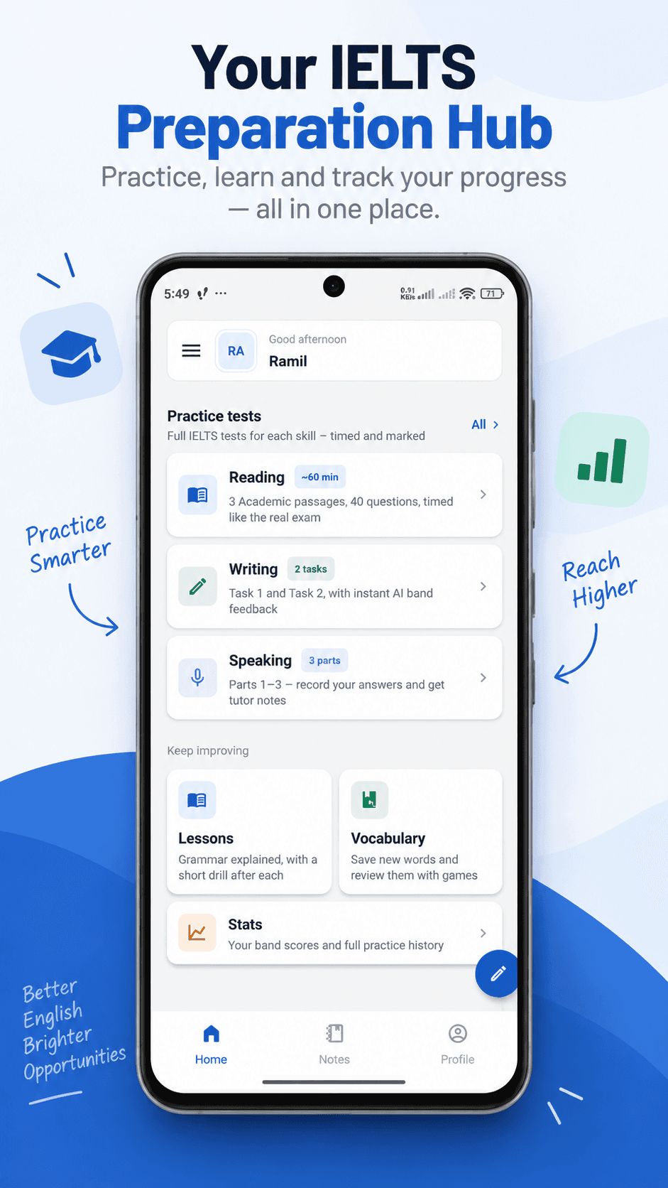 IELTS Assistant home screen: practice tests for Reading, Listening, Writing and Speaking with progress tracking