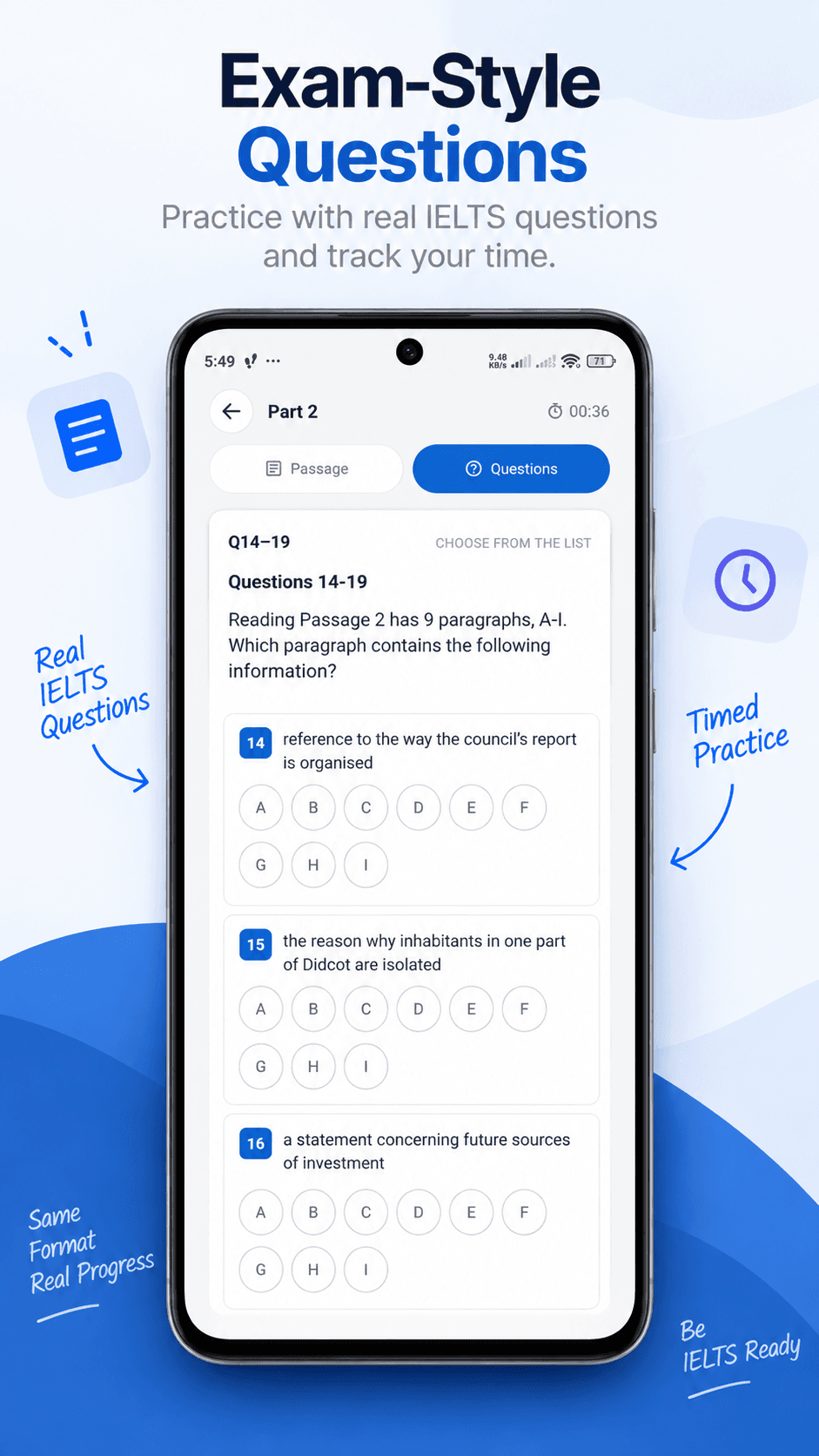 Exam-style reading questions with a timer and multiple-choice answers