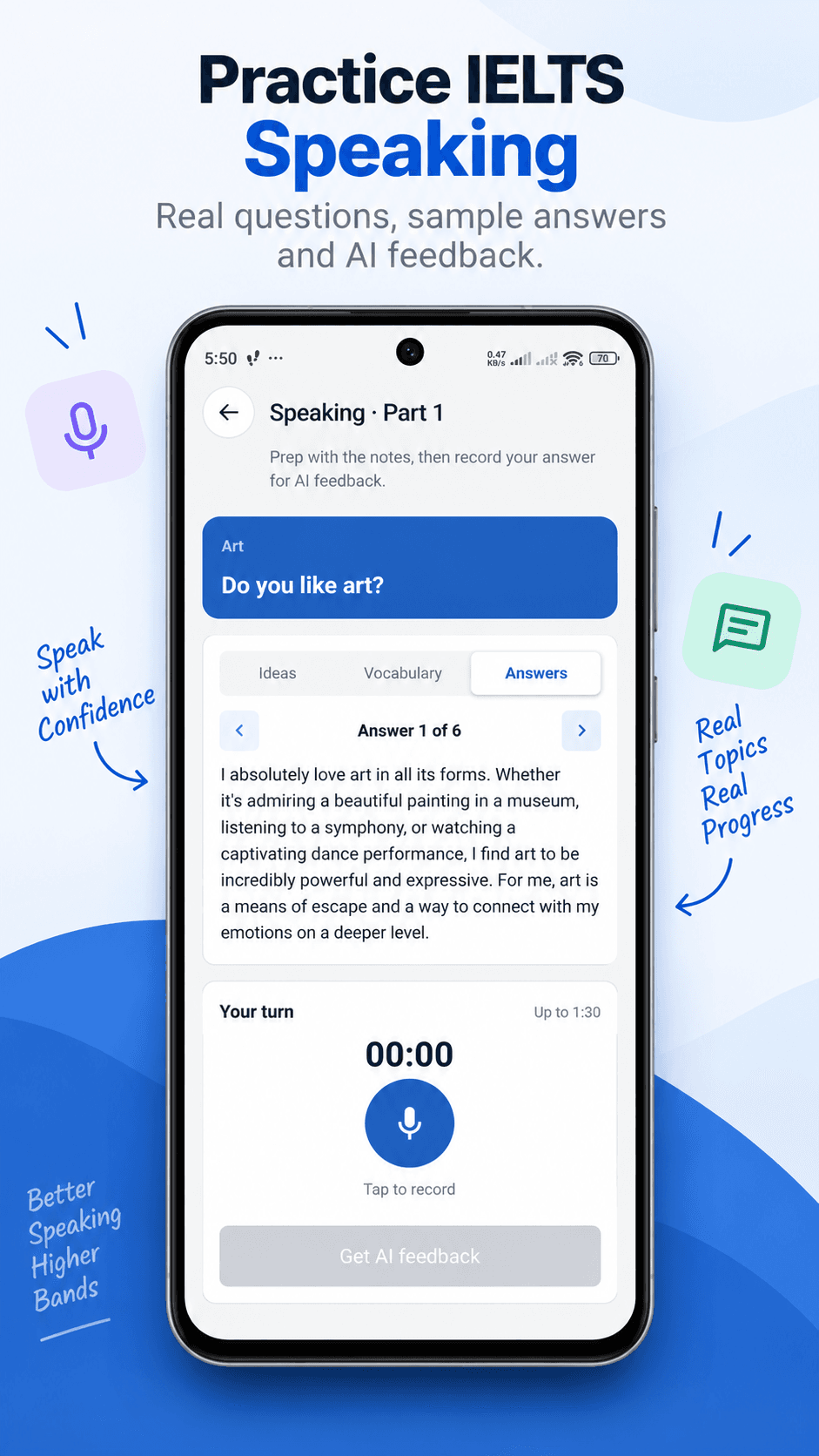 Speaking Part 1 with prep notes, a sample answer and a record button