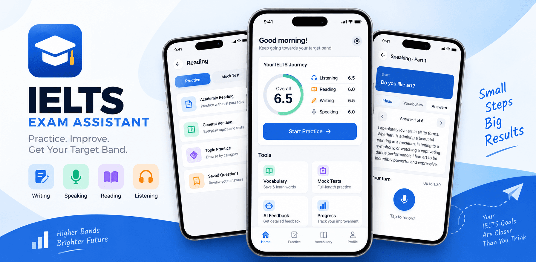 IELTS Assistant on iPhone — home dashboard with band scores, reading practice and speaking with sample answers