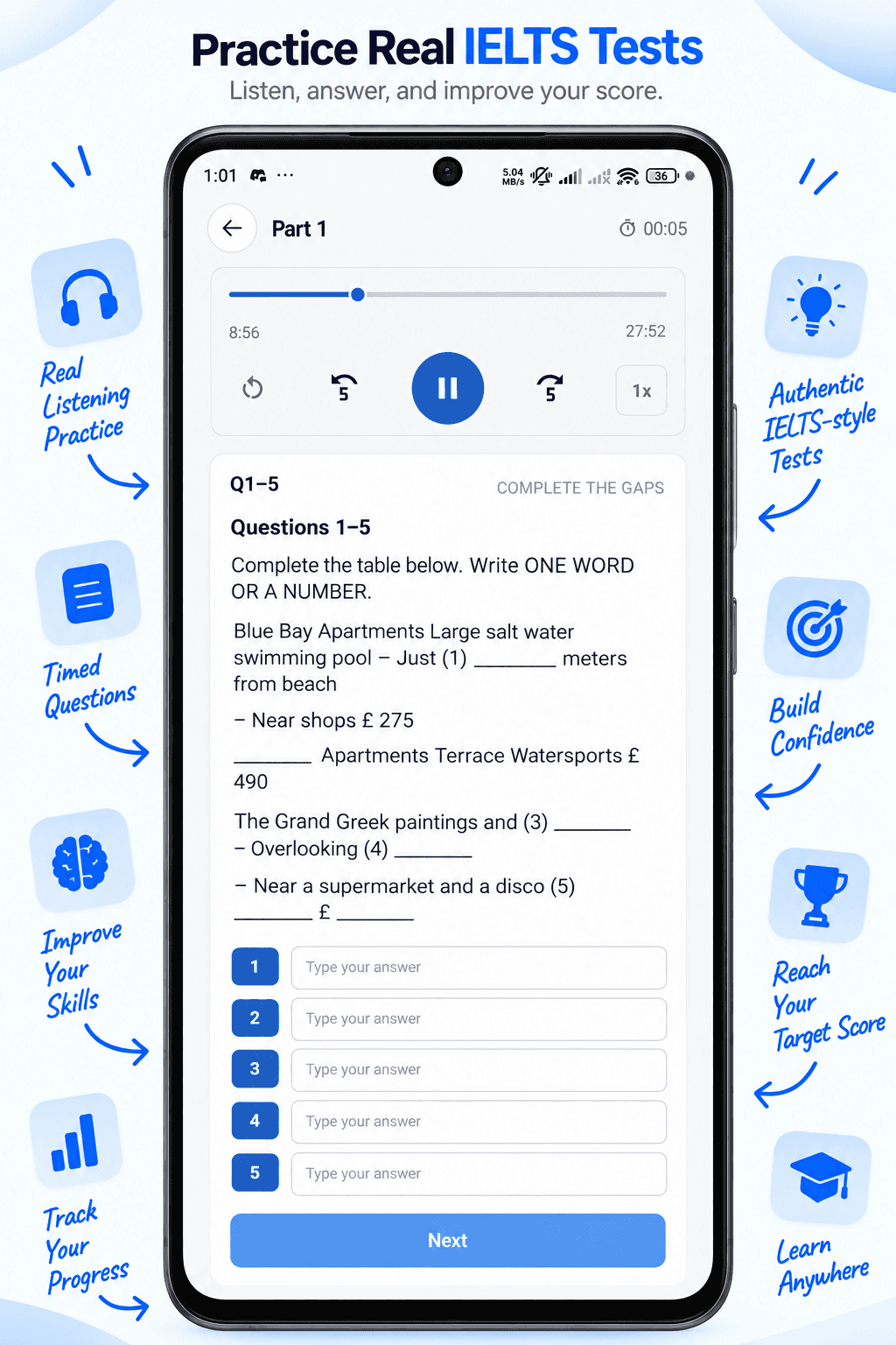 IELTS Listening practice in IELTS Assistant — Part 1 audio player with gap-fill questions on phone